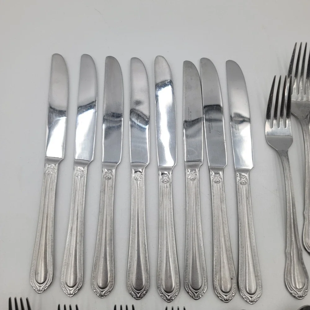 30pc Hampton Silversmiths Lauren Frosted Stainless Flatware Set Beaded Border